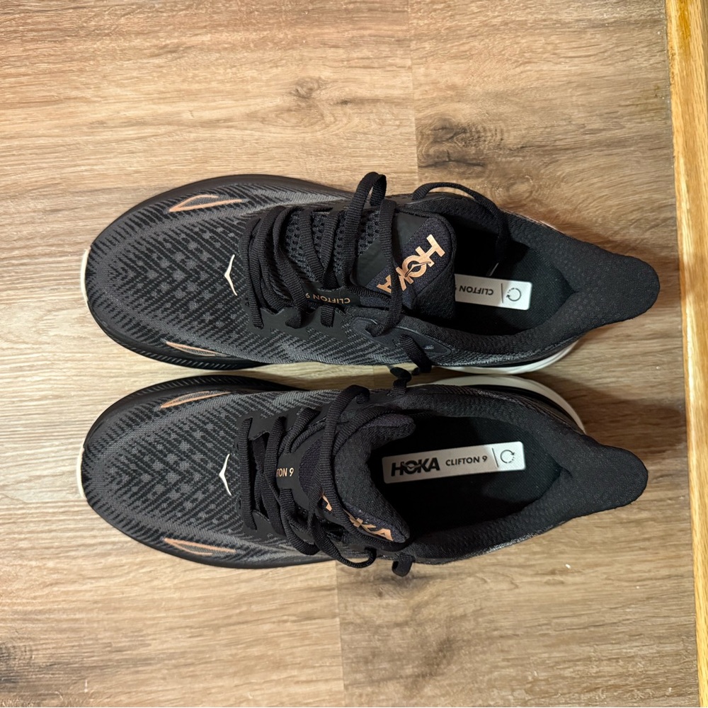 NEW! Hoka Clifton 9 Black and Gold Sneakers - Picture 2 of 5